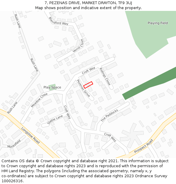 7, PEZENAS DRIVE, MARKET DRAYTON, TF9 3UJ: Location map and indicative extent of plot