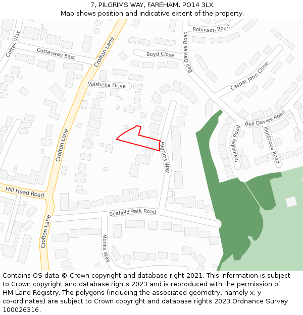7, PILGRIMS WAY, FAREHAM, PO14 3LX: Location map and indicative extent of plot