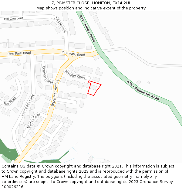 7, PINASTER CLOSE, HONITON, EX14 2UL: Location map and indicative extent of plot