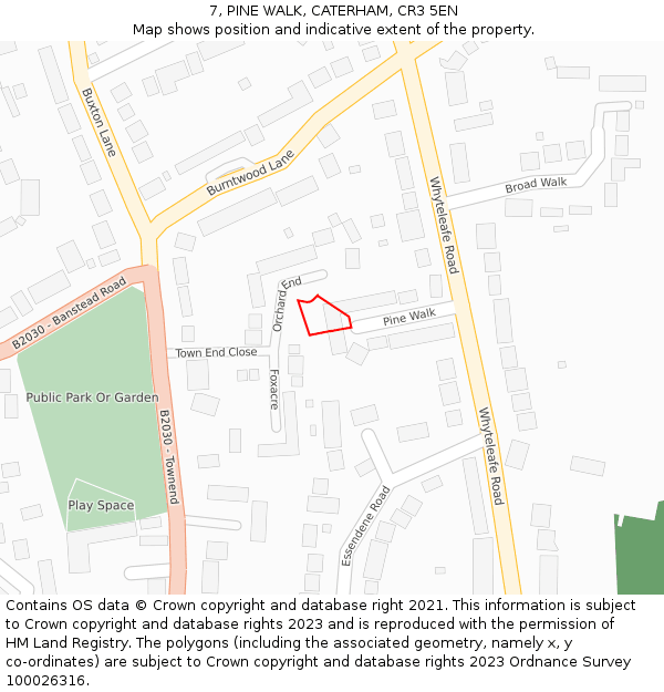 7, PINE WALK, CATERHAM, CR3 5EN: Location map and indicative extent of plot