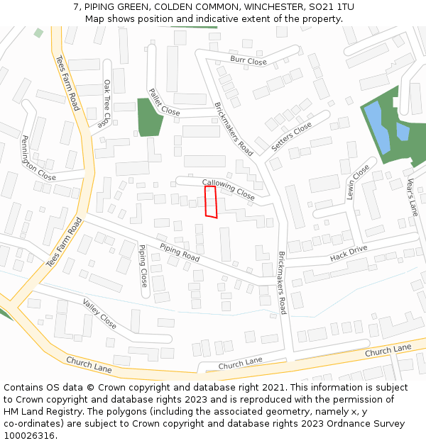 7, PIPING GREEN, COLDEN COMMON, WINCHESTER, SO21 1TU: Location map and indicative extent of plot
