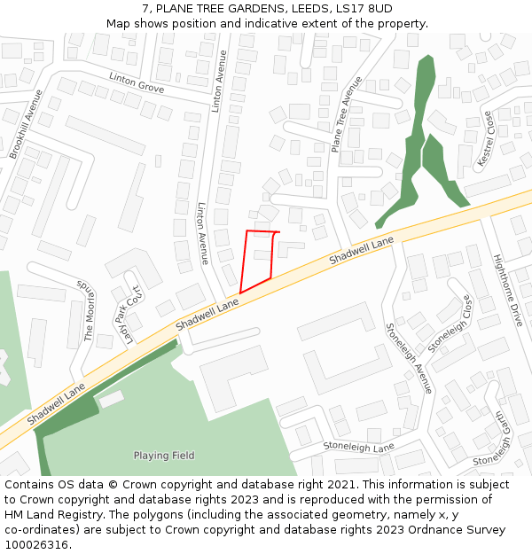 7, PLANE TREE GARDENS, LEEDS, LS17 8UD: Location map and indicative extent of plot