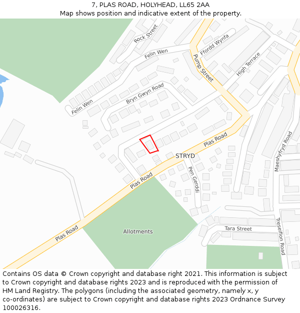 7, PLAS ROAD, HOLYHEAD, LL65 2AA: Location map and indicative extent of plot