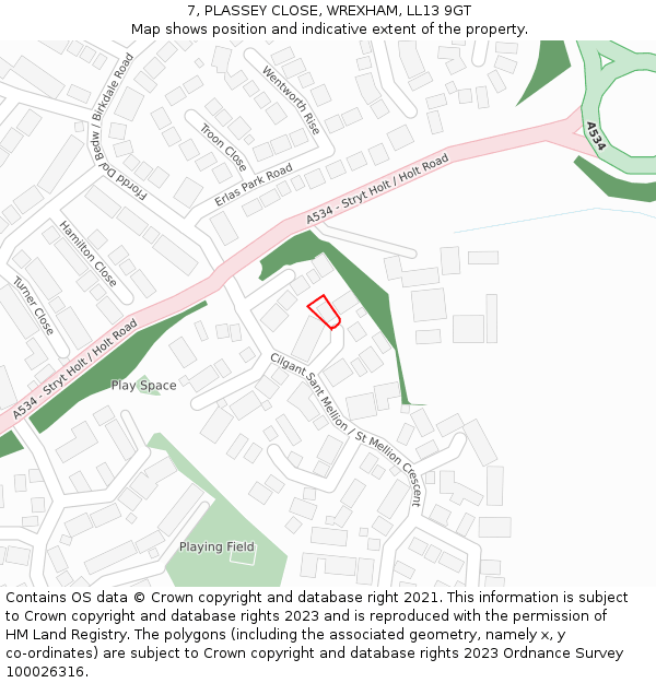 7, PLASSEY CLOSE, WREXHAM, LL13 9GT: Location map and indicative extent of plot