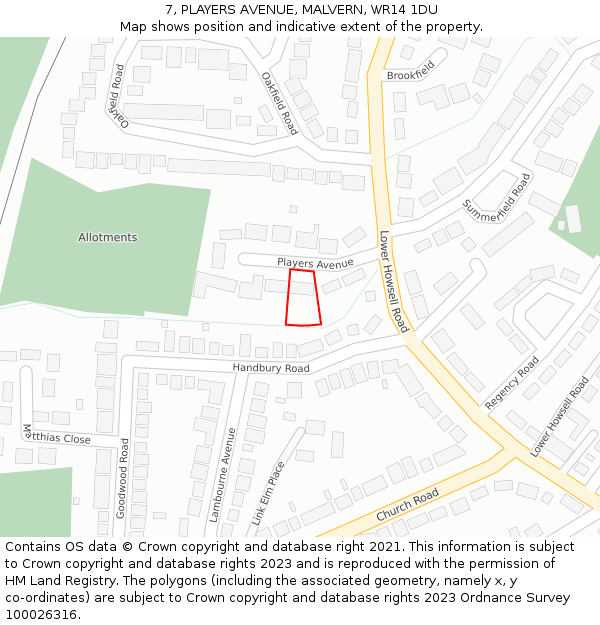 7, PLAYERS AVENUE, MALVERN, WR14 1DU: Location map and indicative extent of plot