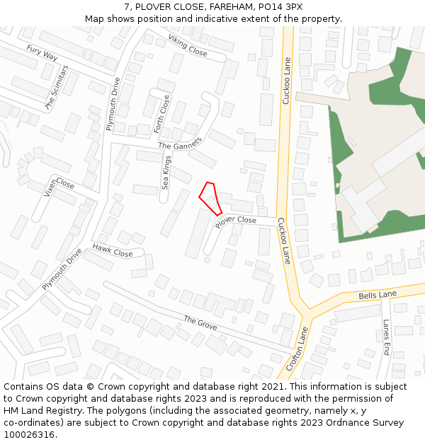 7, PLOVER CLOSE, FAREHAM, PO14 3PX: Location map and indicative extent of plot