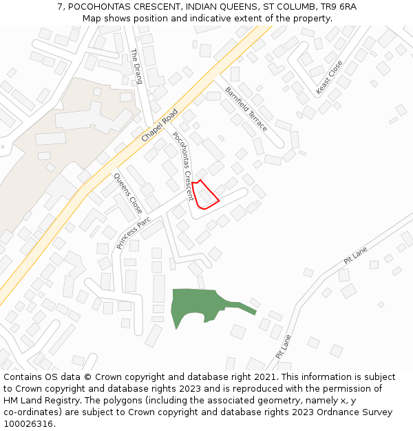 7, POCOHONTAS CRESCENT, INDIAN QUEENS, ST COLUMB, TR9 6RA: Location map and indicative extent of plot