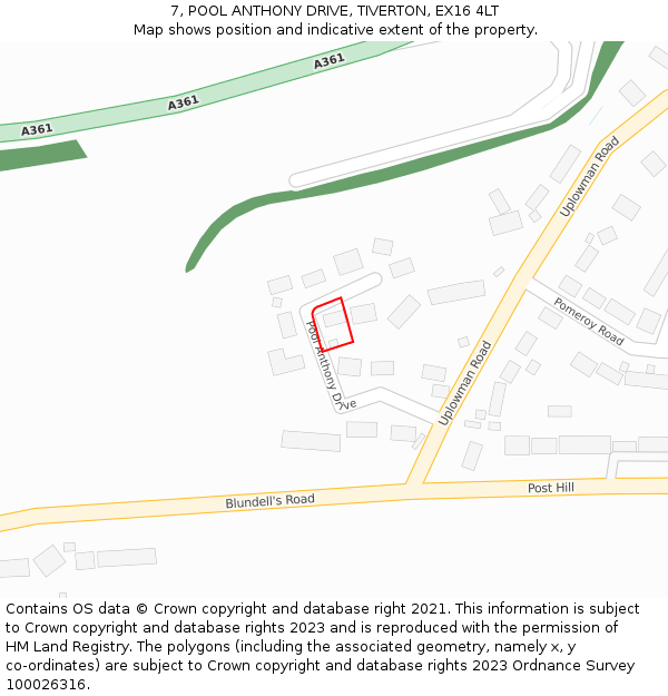 7, POOL ANTHONY DRIVE, TIVERTON, EX16 4LT: Location map and indicative extent of plot