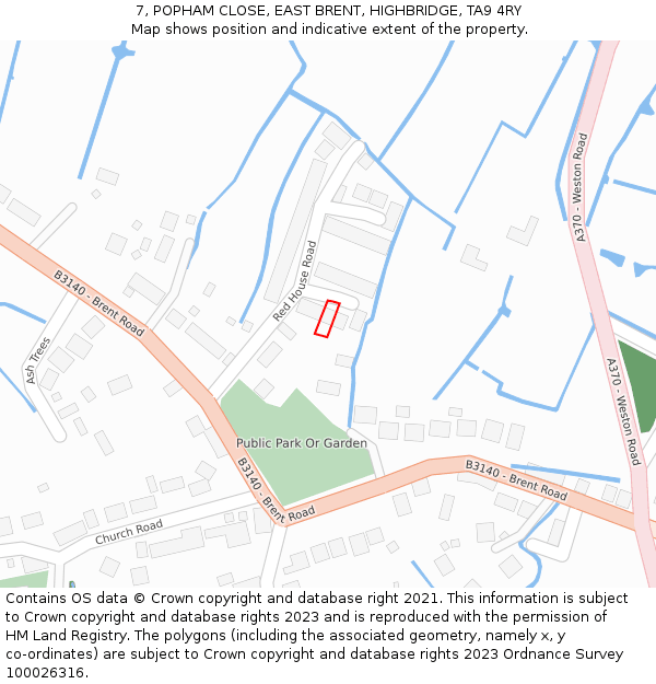 7, POPHAM CLOSE, EAST BRENT, HIGHBRIDGE, TA9 4RY: Location map and indicative extent of plot