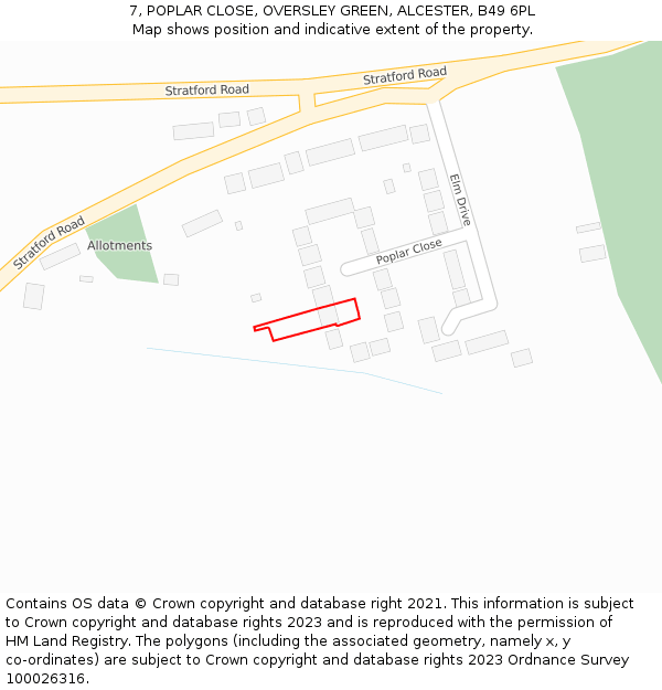 7, POPLAR CLOSE, OVERSLEY GREEN, ALCESTER, B49 6PL: Location map and indicative extent of plot