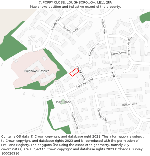 7, POPPY CLOSE, LOUGHBOROUGH, LE11 2FA: Location map and indicative extent of plot