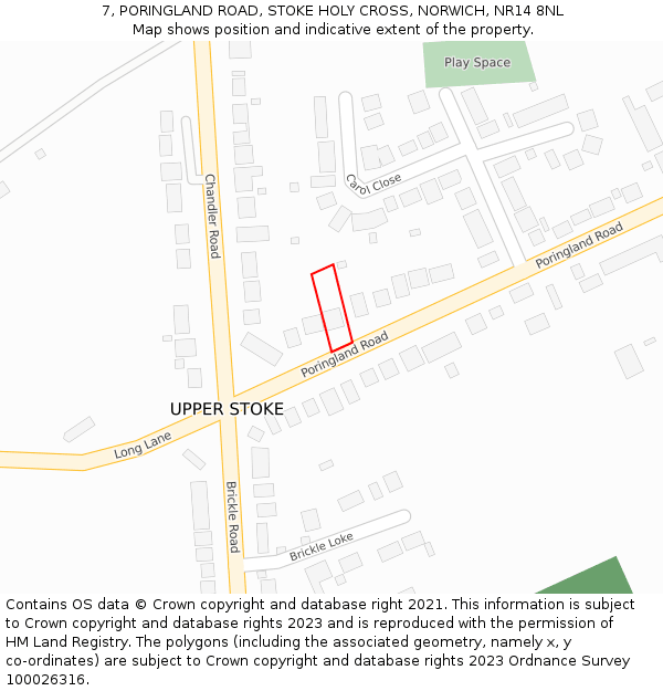 7, PORINGLAND ROAD, STOKE HOLY CROSS, NORWICH, NR14 8NL: Location map and indicative extent of plot