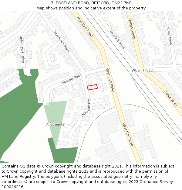 7, PORTLAND ROAD, RETFORD, DN22 7NR: Location map and indicative extent of plot