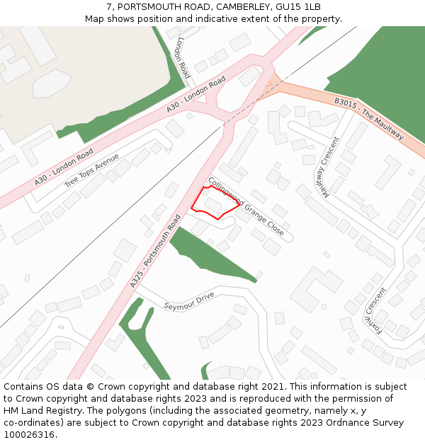 7, PORTSMOUTH ROAD, CAMBERLEY, GU15 1LB: Location map and indicative extent of plot