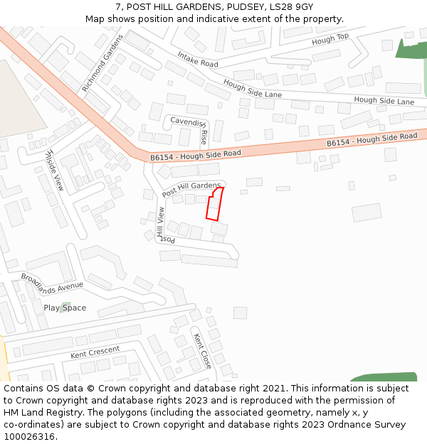 7, POST HILL GARDENS, PUDSEY, LS28 9GY: Location map and indicative extent of plot