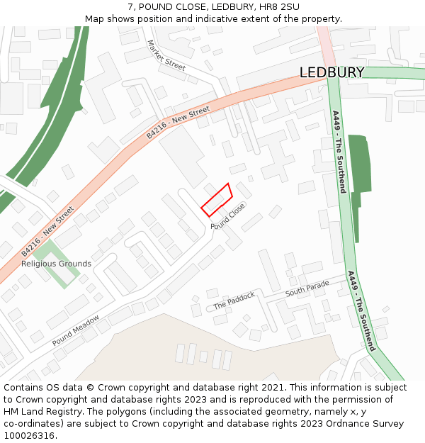 7, POUND CLOSE, LEDBURY, HR8 2SU: Location map and indicative extent of plot