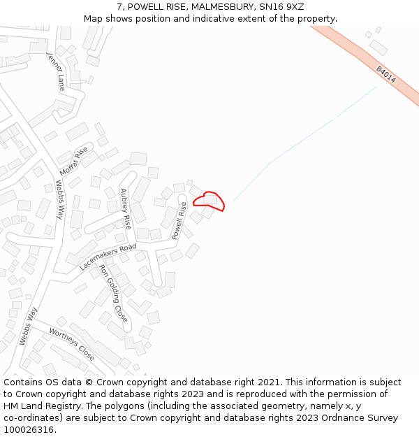 7, POWELL RISE, MALMESBURY, SN16 9XZ: Location map and indicative extent of plot