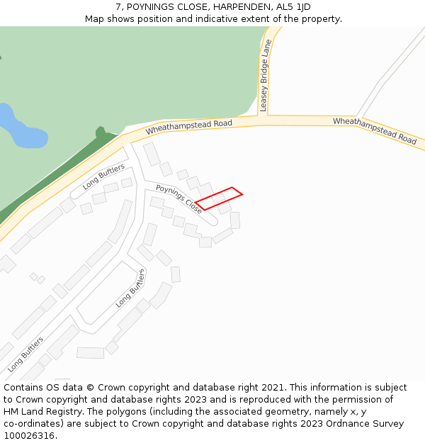 7, POYNINGS CLOSE, HARPENDEN, AL5 1JD: Location map and indicative extent of plot