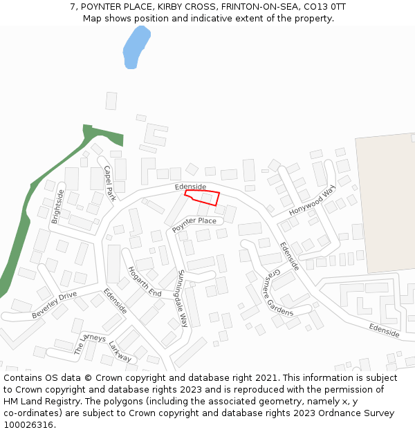 7, POYNTER PLACE, KIRBY CROSS, FRINTON-ON-SEA, CO13 0TT: Location map and indicative extent of plot