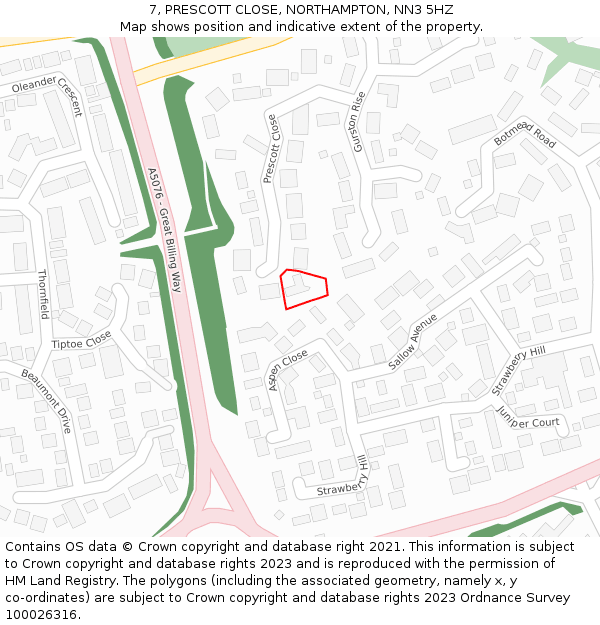 7, PRESCOTT CLOSE, NORTHAMPTON, NN3 5HZ: Location map and indicative extent of plot