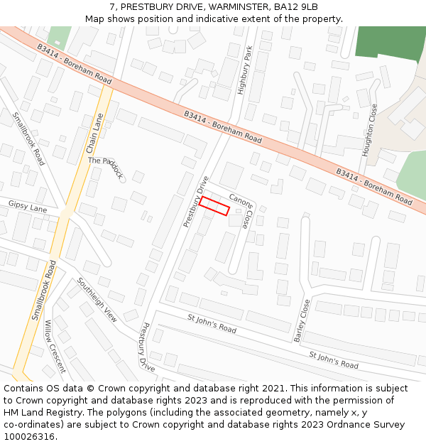 7, PRESTBURY DRIVE, WARMINSTER, BA12 9LB: Location map and indicative extent of plot