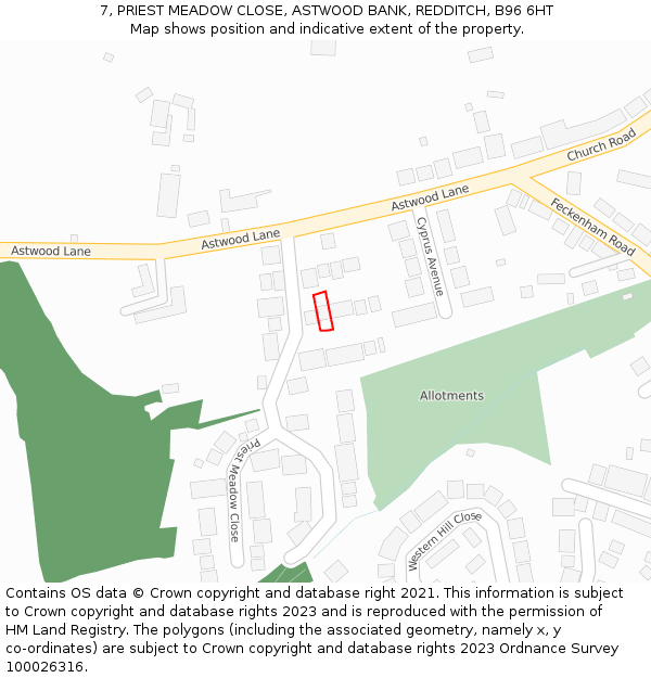 7, PRIEST MEADOW CLOSE, ASTWOOD BANK, REDDITCH, B96 6HT: Location map and indicative extent of plot