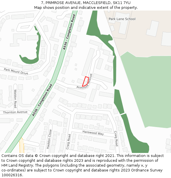 7, PRIMROSE AVENUE, MACCLESFIELD, SK11 7YU: Location map and indicative extent of plot