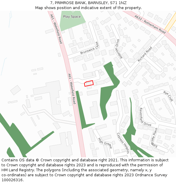 7, PRIMROSE BANK, BARNSLEY, S71 1NZ: Location map and indicative extent of plot