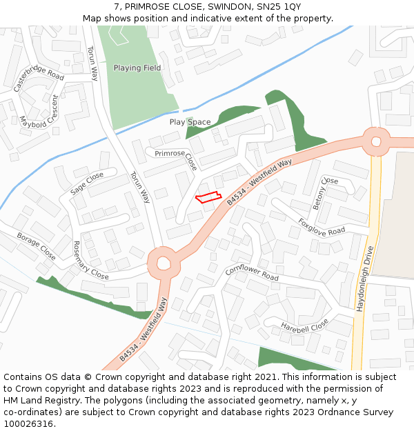 7, PRIMROSE CLOSE, SWINDON, SN25 1QY: Location map and indicative extent of plot