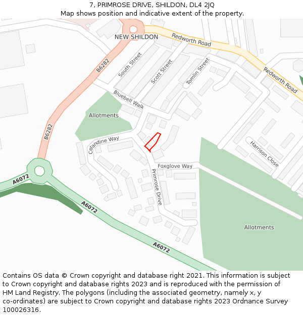 7, PRIMROSE DRIVE, SHILDON, DL4 2JQ: Location map and indicative extent of plot