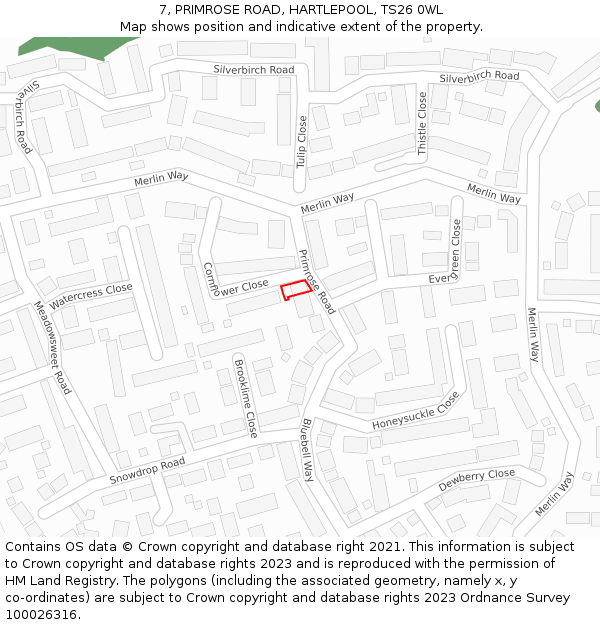 7, PRIMROSE ROAD, HARTLEPOOL, TS26 0WL: Location map and indicative extent of plot