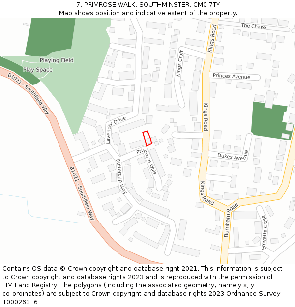 7, PRIMROSE WALK, SOUTHMINSTER, CM0 7TY: Location map and indicative extent of plot