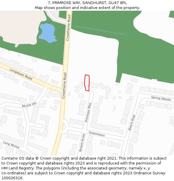 7, PRIMROSE WAY, SANDHURST, GU47 8PL: Location map and indicative extent of plot