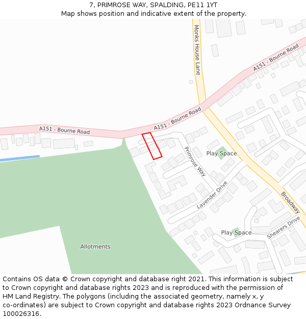 7, PRIMROSE WAY, SPALDING, PE11 1YT: Location map and indicative extent of plot
