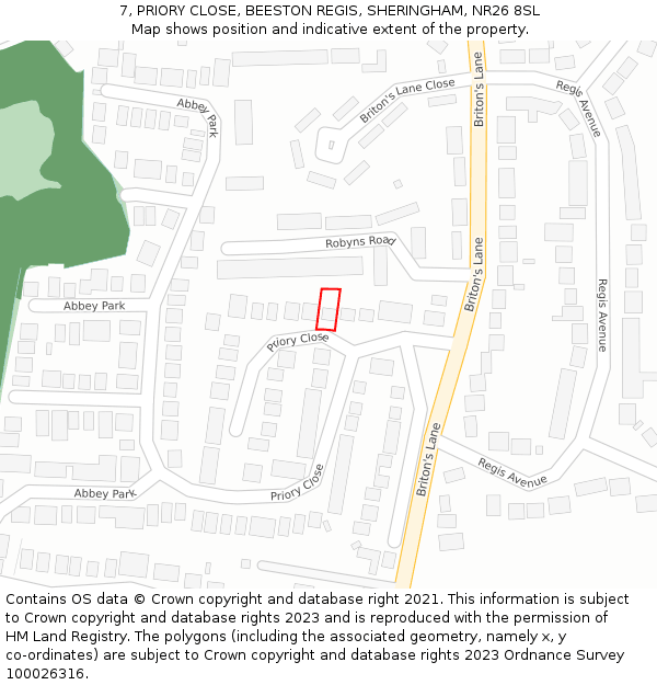 7, PRIORY CLOSE, BEESTON REGIS, SHERINGHAM, NR26 8SL: Location map and indicative extent of plot