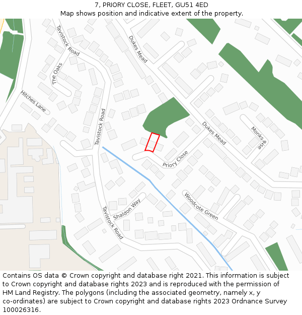 7, PRIORY CLOSE, FLEET, GU51 4ED: Location map and indicative extent of plot