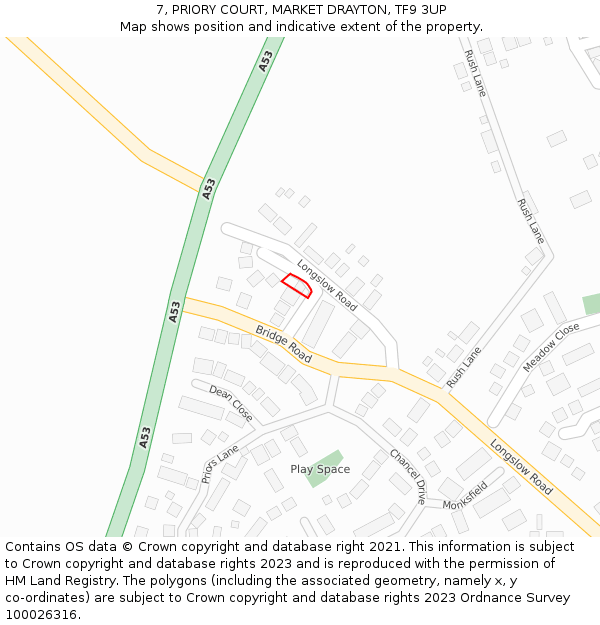 7, PRIORY COURT, MARKET DRAYTON, TF9 3UP: Location map and indicative extent of plot