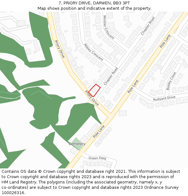 7, PRIORY DRIVE, DARWEN, BB3 3PT: Location map and indicative extent of plot