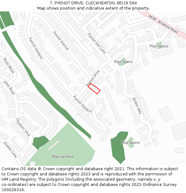 7, PYENOT DRIVE, CLECKHEATON, BD19 5AX: Location map and indicative extent of plot