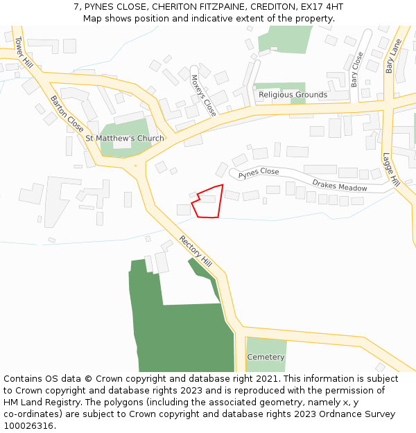 7, PYNES CLOSE, CHERITON FITZPAINE, CREDITON, EX17 4HT: Location map and indicative extent of plot