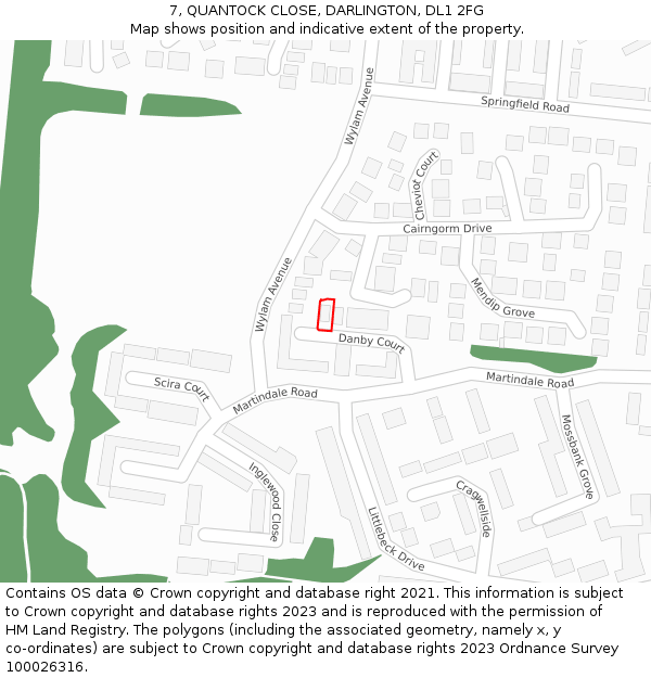 7, QUANTOCK CLOSE, DARLINGTON, DL1 2FG: Location map and indicative extent of plot