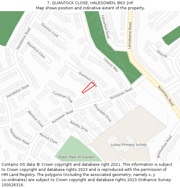 7, QUANTOCK CLOSE, HALESOWEN, B63 1HF: Location map and indicative extent of plot