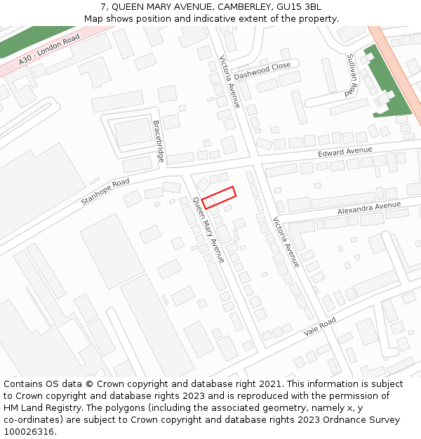 7, QUEEN MARY AVENUE, CAMBERLEY, GU15 3BL: Location map and indicative extent of plot