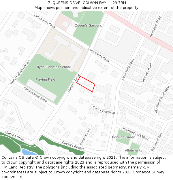 7, QUEENS DRIVE, COLWYN BAY, LL29 7BH: Location map and indicative extent of plot