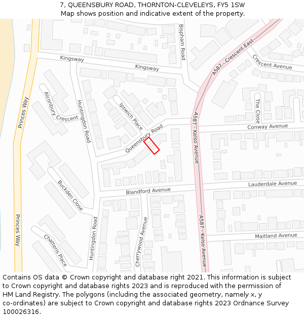 7, QUEENSBURY ROAD, THORNTON-CLEVELEYS, FY5 1SW: Location map and indicative extent of plot