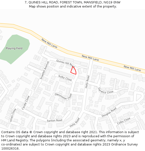 7, QUINES HILL ROAD, FOREST TOWN, MANSFIELD, NG19 0NW: Location map and indicative extent of plot