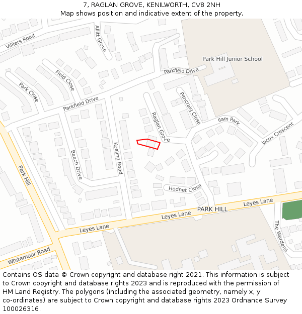 7, RAGLAN GROVE, KENILWORTH, CV8 2NH: Location map and indicative extent of plot