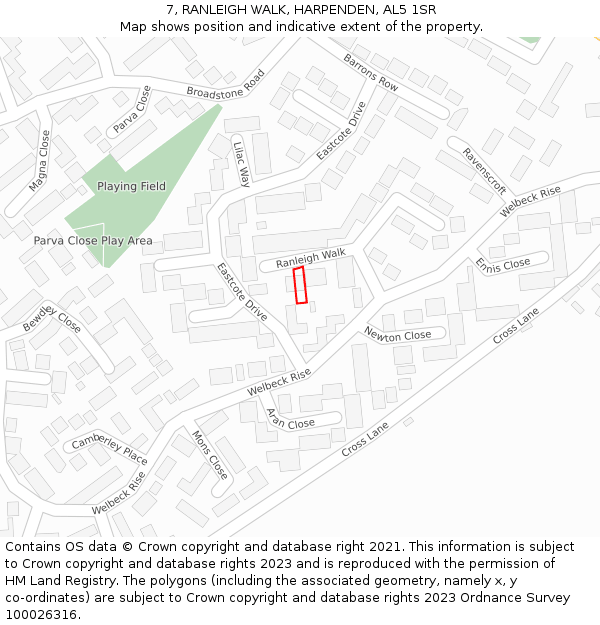 7, RANLEIGH WALK, HARPENDEN, AL5 1SR: Location map and indicative extent of plot