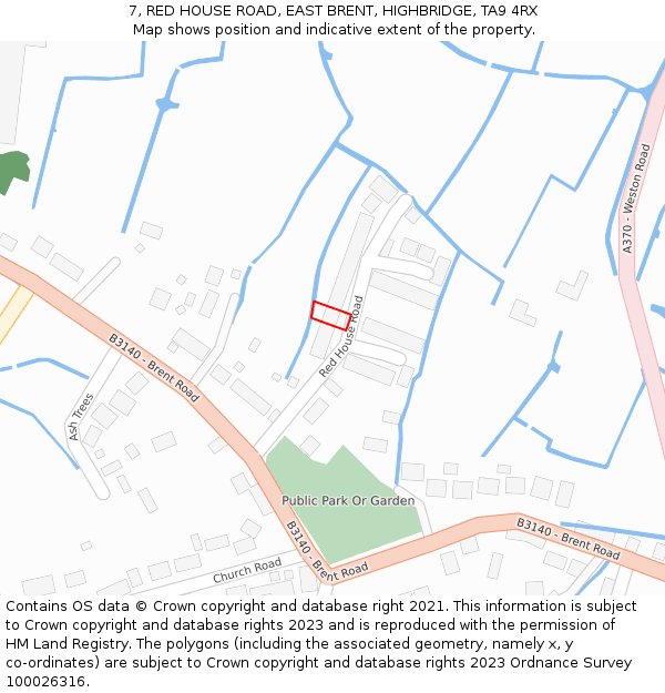 7, RED HOUSE ROAD, EAST BRENT, HIGHBRIDGE, TA9 4RX: Location map and indicative extent of plot