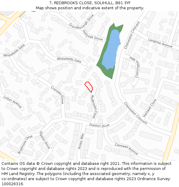 7, REDBROOKS CLOSE, SOLIHULL, B91 3YF: Location map and indicative extent of plot